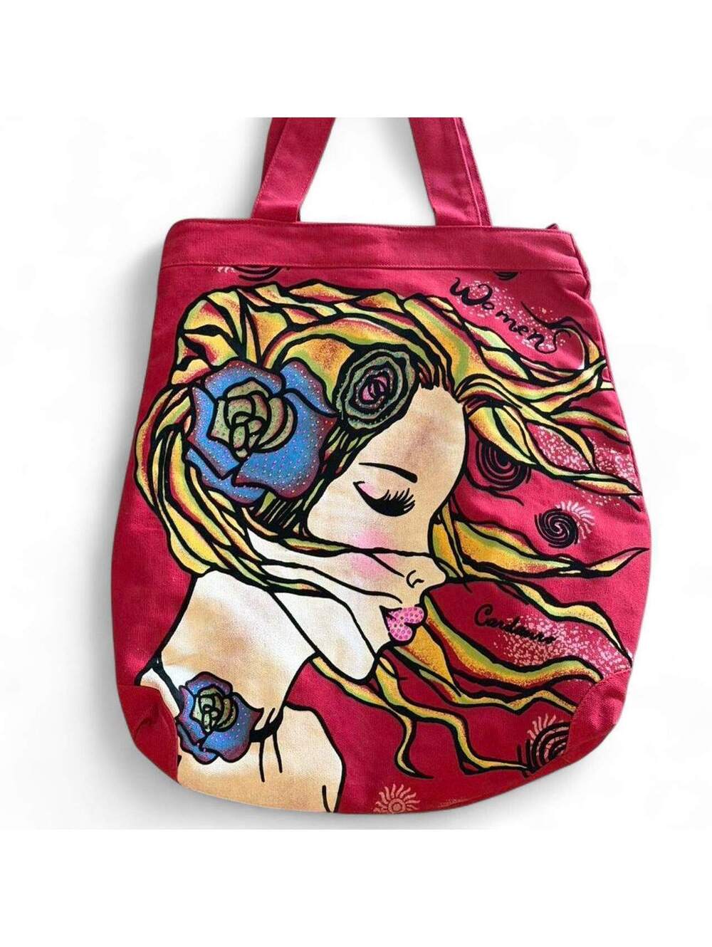 Cartoon Art Red Canvas Tote Bag with Floral Woman Print